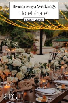 a table set up for a wedding with candles and flowers in vases on it