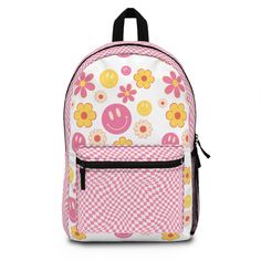 RETRO FLORAL DAISY BACKPACK  Send your little one off to preschool or elementary school with a darling personalized backpack. These cute backpacks come in a variety of colorful designs for both boys and girls, featuring an all over print design and two mesh side pockets. They are large enough to carry your children's school books and required day-to-day school supplies and still have space left over. Each of our personalized backpacks can be customized to create a truly one-of-a-kind personalize Daisy Backpack, Personalized Backpack Kids, School Rucksack, Retro Daisy, Daisy Girl, Personalized Backpack, Kids Nursery, School Books, Cute Backpacks