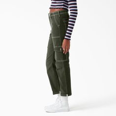 Crafted for comfort and practicality, Dickies Women's Cuffed Utility Pants bring so much function, so much comfort, and so much style. Constructed from a sturdy cotton duck fabric that has just the right amount of stretch, these pants were made to perform. Sporty Straight Leg Bottoms With Patch Pockets, Urban Mid-rise Workwear Bottoms, Urban Mid-rise Bottoms For Workwear, Fitted Mid-rise Sporty Cargo Pants, Green Cargo Pants With Tapered Leg And Hip Pockets, Sporty Straight Leg Pants With Hip Pockets, Sporty Straight Leg Pants With Belt Loops, Sporty Relaxed Fit Bottoms With Belt Loops, Sporty Straight Leg Pants