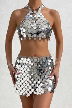 Features Of Two Piece Silver Sequin Set 💖1.Vibrant Sequin DecorationThe sequins on this two piece silver sequin set are meticulously arranged, creating a stunning effect. Each sequin adds to the vibrancy of the skirt.💖2.Attractive DesignThe sequins sparkle in the light, ensuring you bcome the center of attention wherever you go. If you love capturing everyone's gaze, this eye-catching silver sequin dress is your perfect choice.💖3.Quality WorkmanshipHandcrafted by skilled artisans, this sequin Summer Silver Sequined Mini Skirt, Silver Disco Mini Skirt For Summer, Glamorous Silver Mini Skirt For Summer, Fitted Silver Sequined Mini Skirt, Silver Sequined Mini Skirt For Party, Glamorous Silver Sequined Mini Skirt, Halter Crochet Top, Mirror Body, Halter Crochet