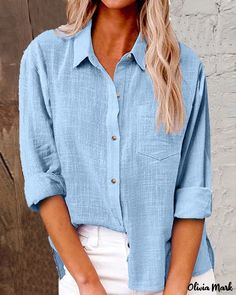 OliviaMark - Chemise boutonnée à manches longues avec poche de poitrine Shirt Collar Pattern, Blouse Size Chart, Sleeves Clothing, Women Shirts Blouse, Short En Jean, Outfit Casual, Cotton Blouses, Blouse Styles, Shirt Collar