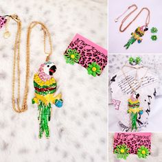 Bright Beautiful Multicolor Crystal Parrot Necklace Earring Set With Unique Green And Yellow Mismatched Daisy Earrings. Quality Jewelry At An Affordable Price. I Love Putting Together Bundles For People So That They Can Save Money On The Items As Well As Shipping. If You'd Like To Bundle Please Let Me Know And I'll Give You A Great Deal. All Of My Sales Come From A Clean Pet Friendly Smoke-Free Home. Please See Pictures For All The Details, Measurements, Etc. Parrot Necklace, Ceramic Jewelry Box, Metal Pendant Necklace, Rose Gold Plated Ring, Turquoise Drop Earrings, Pandora Bracelet Charms, Daisy Earrings, Turquoise Glass, Rhinestone Bead