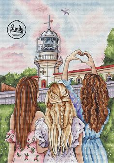 two girls making a heart with their hands in front of a lighthouse and the sky