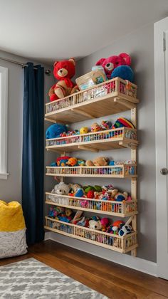 a child's playroom with toys and stuffed animals on the shelves in it