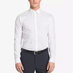 Calvin Klein Steel Slim Fit Non Iron Performance Herringbone Dress Shirt. Update Your Professional Look With This Non-Iron Solid Dress Shirt From Calvin Klein, Featuring A Modern Slim Fit Crafted From Crisp Moisture-Wicking Fabric And An Allover Herringbone Design. - Point Collar: Classic Collar Thought To Lengthen The Face & Allows For Tie Knot Variety - Regular Cuff - Slim Fit: Tapered Body & Slimmer Sleeves - 100% Cotton - Machine Washable - Size M (15neck 34/35) - Nwt Calvin Klein Collared Tops For Business Casual, Classic Calvin Klein Tops For Business Casual, Calvin Klein Classic Tops For Business Casual, Classic Calvin Klein Tops With Spread Collar, Calvin Klein Cotton Shirt For Business Casual, Calvin Klein Collared Shirt For Work, Classic Calvin Klein Shirt For Spring, Classic Calvin Klein Spring Shirt, Classic Calvin Klein Button-up Shirt