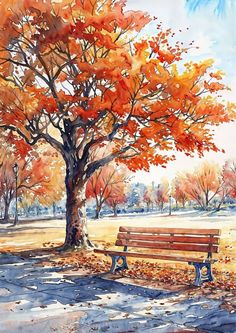 a painting of a park bench under a tree with fall leaves on it's branches