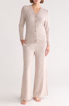 A cozy cardi tops these ultrasoft hacci pajamas paired with wide-leg pants held up by a comfy smocked waist. 22" top length; 27 1/2" inseam; 28" leg opening; 13" front rise; 16" back rise (size Medium) Cardigan has front button closure; V-neck; long sleeves with ribbed cuffs Pants have elastic waist; side-seam pockets 65% polyester, 31% rayon, 4% spandex Machine wash, dry flat Imported Soft Tops For Fall Loungewear, Cozy Fall Sleepwear With Soft Texture, Super Soft Sleepwear For Fall, Super Soft Fall Sleepwear, Comfy Super Soft Sleepwear For Fall, Comfy Soft Sleepwear For Fall, Casual Winter Sleepwear For Relaxation, Soft Spring Loungewear Sleepwear, Spring Sleepwear For Loungewear