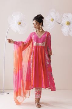 This set is a combination of a V-neck kurta, highlighted with thread and dori embroidery; narrow pants and an ombre shaded dupatta with hand embroidery on the borders. Pink Embroidered Border Palazzo Set For Festivals, Lehenga Suit, Anarkali, Skirt Length, Jaipur, Spring Break, Lehenga, Pink And Orange, Custom Sizing