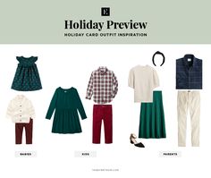 the holiday wardrobe guide is displayed in green, white and blue colors with text that reads holiday