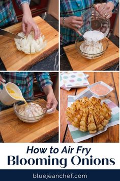 how to air fry blooming onions in a glass bowl on a wooden cutting board