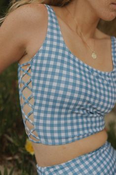 Blue and White Gingham Modest Bikini Top | Geode Swimwear Summer Square Neck Top With Built-in Bra, Summer Swimwear With Built-in Bra And Tank Straps, Spring Poolside Tank Top With Built-in Bra, Summer Square Neck Top With Tie Back, Beach Top With Adjustable Straps And Square Neck, Beach Tops With Adjustable Straps And Square Neck, Vacation Gingham Swimwear With Adjustable Straps, Summer Tops With Strappy Tie-back, Poolside Gingham Swimwear With Adjustable Straps