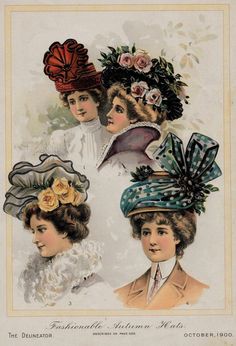 Fashionable HATS from 1900 MATTED PICTURE Victorian Women Wearing Fancy Head Decoration of Autumn Se Head Peice, Edwardian Hat, Historical Hats, Victorian Hats, Antique Hats, Victorian Women, Edwardian Era, Edwardian Fashion, Beautiful Hats