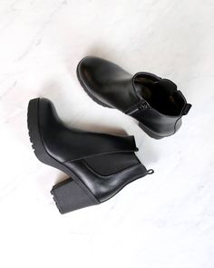 chunky heel chelsea booties with elastic side panel in black Makeup Stain, Chelsea Boot, Chunky Heel, Shoe Box, Panel Siding, Chunky Heels, Character Shoes, The Fall, Side Zip