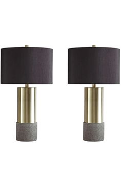 two lamps with black shades on each lamp and one has a grey shade in the middle