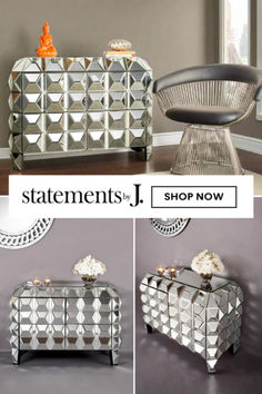 an assortment of furniture and accessories on display in front of a window with the words, statements by j shop now