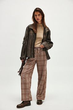 A perfectly plaid version of our Hudson Canyon Stripe Pants, this slouchy pair is featured in a high-rise fit and wide-leg style with a drawstring waistband. **Fit:** High-rise; wide, full-length legs **Features:** Soft cotton fabrication with wide plaid print throughout, adjustable drawstring waistband, pockets for hands, back-pocket detail **Why We ❤ It:** These billowy pants pair perfectly with your favorite tank and strappy sandals. | Hudson Canyon Plaid Pants by Free People in Tan, Size: XL Plaid Cargo Pants Outfit, Plaid Slacks Outfit, Casual Plaid Pants Outfit, Slacks Outfit, Plaid Pants Outfit, Plaid Trousers, Stripe Pants, Cargo Pants Outfit, Plaid Pants