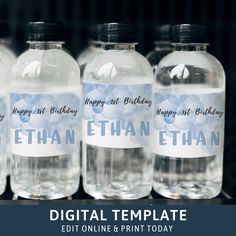 three water bottles with happy birthday labels on them and the words, digital template edit online & print today