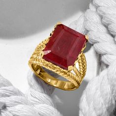 Ross-Simons - 15.00 Carat Ruby Multi-Row Ring in 18kt Gold Over Sterling. Size 5. An RS exclusive. Every fine wardrobe deserves a ruby! The eye-catching 15.00 carat emerald-cut jewel is set in 18kt yellow gold over sterling silver, on a captivating multi-row braided band. 5/8" wide. Ruby multi-row ring. Ruby birthstones are the perfect gift for July birthdays. Formal Ruby Ring With Diamond Cut In Yellow Gold, Luxury Gold Ruby Birthstone Ring, Formal Lab-created Ruby Ring With Diamond Cut, Gold Ruby Ring For Formal Events, Luxury Yellow Gold Ruby Ring With Lab-created Ruby, Formal Fine Jewelry Ruby Ring With Lab-created Ruby, Formal Gold Ruby Ring With Gemstone, Formal Fine Jewelry Ruby Ring, Formal Yellow Gold Ruby Ring