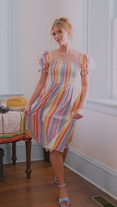 Lolly Dress – JessaKae Playful Pastel Dresses With Ruffles, Fun Multicolor Dress For Garden Party, Fun Multicolor Dresses For Garden Party, Whimsical Rainbow Dresses For Spring, Whimsical Summer Rainbow Dress, Playful Multicolor Dress For Picnic, Playful Striped Short Sleeve Dress, Whimsical Multicolor Short Sleeve Dress, All Body Types