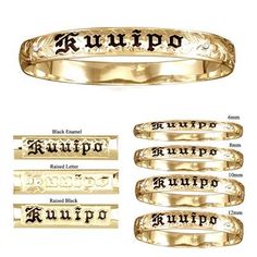 a set of five rings with the words ruipo written in black ink on them