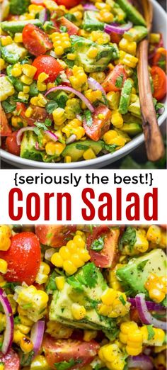 corn salad with tomatoes, avocado and red onion