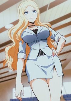 an anime character with long blonde hair and blue eyes wearing a short skirt, white shirt and black shoes