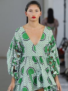 Nia II Dress – Industrie Africa Designer V-neck Blouse For Summer, Elegant Summer Dresses For Fashion Show, Designer Green Long Sleeve Dress, Designer V-neck Summer Blouse, Designer Summer Blouse V-neck, Designer Green Spring Dress, Dress Designs Simple, African Luxury, Minimal Accessories