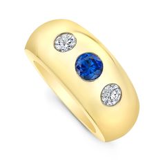 Alexandra Jules Traveller Ring is a tailored, his or her ring that is easy to wear and fits well into our active lifestyle. A .64 carat rich, velvety blue round sapphire is flush set in a modern, smooth 18 karat gold ring. This beautiful gemstone is flanked by two flush-set, round, brilliant-cut collection diamonds, together weighing .46 carat. Modern and elegant, The Traveller is perfect for everyday. Available in 18kt yellow, white and pink gold. Formal Yellow Gold Domed Sapphire Ring, Classic Domed Yellow Gold Sapphire Ring, Classic Yellow Gold Domed Sapphire Ring, Yellow Gold Three-stone Sapphire Ring, Yellow Gold Three Stone Sapphire Ring, Modern Yellow Gold Sapphire Ring With Center Stone, Modern Yellow Gold Sapphire Ring With Round Cut, Modern Sapphire Ring With Diamond In Yellow Gold, Modern Yellow Gold Sapphire Ring With Diamond