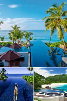 four different pools with umbrellas and palm trees in the foreground, blue water on the far side