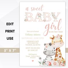 a baby girl giraffe and zebra are on the front of this printable baby shower