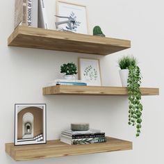 two wooden shelves with plants and pictures on them