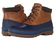 Sperry Cold Bay Chukka - Men's Cold Weather Boots : Navy/Tan : The Sperry Cold Bay Chukka combines the comfort of a walking boot with the ruggedness of an outdoor hiker to keep you steady on your feet both in the city and by the seaside. Stain and water-resistant leather upper offers durability and lasting wear. Injected foam EVA shell provides protection from the elements. Waterproof seam-sealed construction keeps your feet in a dry environment. Rustproof eyelets with thick leather lacing for a Sperry Men, Mens Chukkas, Cold Weather Boots, Walking Boots, Timberland Boots, Sperrys, Cold Weather, Leather And Lace, Hiking Boots