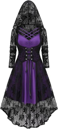 a women's purple and black dress with laces on the bottom, front view