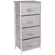 three drawers with white handles and grey fabric