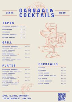 a menu for a cocktail party with drinks