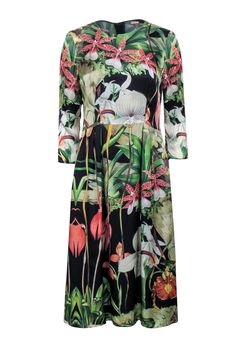 Current Boutique-Adam Lippes - Green, Black, & Multi Color Tropical Floral Print Dress Sz 4 Elegant Multicolor Tropical Print Dress, Spring Green Tropical Print Midi Dress, Green Dress With Bold Print For Spring, Green Dresses With Bold Print For Spring, Tropical Green Midi Dress With Floral Print, Multicolor Print Evening Dresses For Spring, Spring Evening Dresses In Multicolor Print, Spring Evening Multicolor Print Dresses, Spring Evening Dresses With Multicolor Print