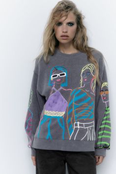 FADED PRINTED SWEATSHIRT - Anthracite grey | ZARA Turkey Washed Sweatshirt, Zara Sweatshirt, Illustration Girl, Girl Sweatshirts, Printed Sweater, New Print, Sweater And Shorts