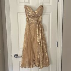 Beautiful Nicole Bakti Gold Metallic Pleated Dress With Tie, Zips Up Back. Gold Pleated Cocktail Dress, Nicole Bakti, Dress With Tie, Medium Dress, Pleated Dress, Gold Metal, Zip Ups, Colorful Dresses, Silk