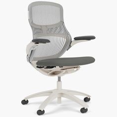 an office chair that is sitting on top of a white base and black seat pad