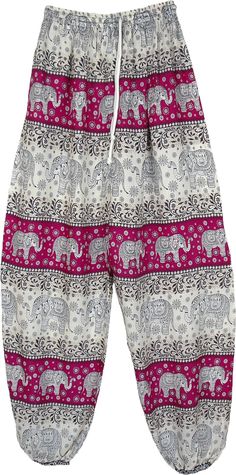 Thai boho harem pants in white and purple with folk safari elephant print, rayon pants feature elastic bottom that give it a baggy look.  These comfortable and airy pants are very stylish and you can pair them with a simple t-shirt for a casual summer look. #tlb #SplitSkirtsPants #Yoga #vacationclothing #beachwrap #Printed #Elephant #HaremPants #RayonPants #ElephantPants #VacationPants White Bohemian Cotton Harem Pants, White Bohemian Harem Pants For Summer, Bohemian Purple Harem Pants For Summer, Purple Bohemian Harem Pants For Summer, White Bohemian Harem Pants For Vacation, White Harem Bottoms For Festival, Vacation Pants, Bridesmaids Outfits, Safari Elephant