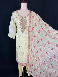 Gorgeous Pastel Yellow Color 3pcs Readymade Suit for Women. Pure Chinnon Silk with Chiffon Dupatta. Excellent and very soft quality. - Item: 3pcs- Bust Size : 40 (Margin to open size- 44)- Includes lining : Yes- Length of Kameez - 45 inches- Sleeves of Kameez - 20 inches- Length of Bottom - 38 1/2 inches Kameez (Top) - Kameez has Handwork on the neckline with Mirrors, Beads and Sequin and Embroidery . No work on the backside however there is a dori (Please see pics for reference). Material is So Resham Embroidery Dola Silk Straight Kurta Set, Dola Silk Straight Kurta Set With Resham Embroidery, Pista Green Dola Silk Sets With Resham Embroidery, Pista Green Chanderi Set With Resham Embroidery, Dola Silk Sets With Resham Embroidery, Straight Kurta Style, Semi-stitched Embroidered Sets In Chinon, Unstitched Pista Green Sets For Designer Wear, Embroidered Pista Green Dola Silk Palazzo Set, Pista Green Dola Silk Sets With Zari Work