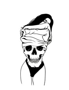 a black and white drawing of a skull wearing a turban on his head