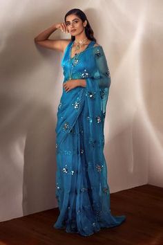 Shop for Vvani by Vani Vats Blue Silk Organza Saree With Blouse for Women Online at Aza Fashions Organza Blouse Designs, Bridesmaids Photoshoot, Organza Saree With Blouse, Vani Vats, Indian Closet, Organza Blouse, Saree Silk, Blue Saree, Dress Indian Style