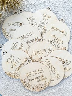 personalized wooden christmas ornament with names and dates on the front, set of six