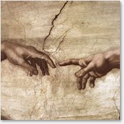 two hands touching each other over a painting