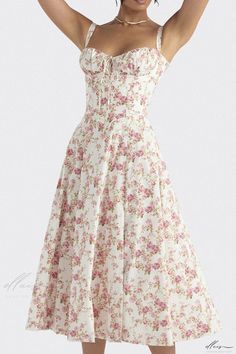 Elluis - Elegant and Figure-Enhancing Sleeveless A-Line Dress featuring a Sophisticated Low-Cut Neckline and Fashionable Printed Tie Waist Straps Suspenders Skirt, Graduation Outfit, Skirt Skirt, Pattern Floral, Suspenders, Low Cut, A Line Skirts, A Line Dress, White Background