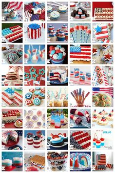 an image of many different cakes and cupcakes in red white and blue colors