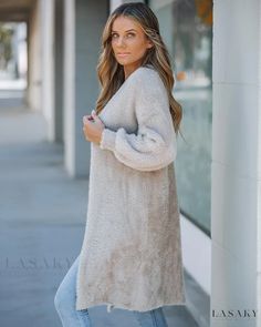 Lasaky - Women's Soft Longline Knit Wrap Soft Knit Sweater For Fall, Knit Long Sleeve Sweater, Casual Long Soft Knit Sweater, Long Knit Sweater In Solid Color, Long Solid Knit Sweater, Cozy Fit Soft Knit Beige Cardigan, Cozy Fit Beige Soft Knit Cardigan, Beige Soft Knit Cardigan With Cozy Fit, Beige Soft Knit Cozy Fit Cardigan