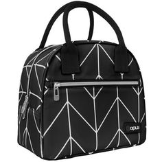 a black and white handbag with an arrow pattern