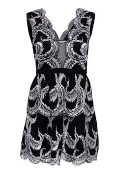 Current Boutique-BCBG Max Azria - Black & White Lace Fit & Flare Dress Sz 2 Black Feather Trim Dress For Summer, Black Sleeveless Feather Dress, Black Feathered Dresses For Spring, Black Feather Dresses For Spring, Feather Embroidery, Bcbg Max Azria, Max Azria, Party Look, Silver Heels